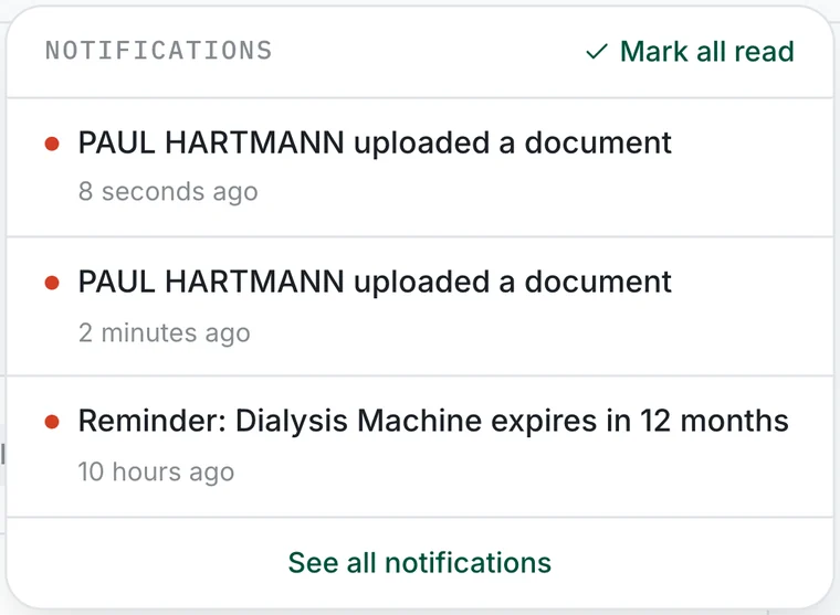 Notifications: the manufacturer uploaded a document.