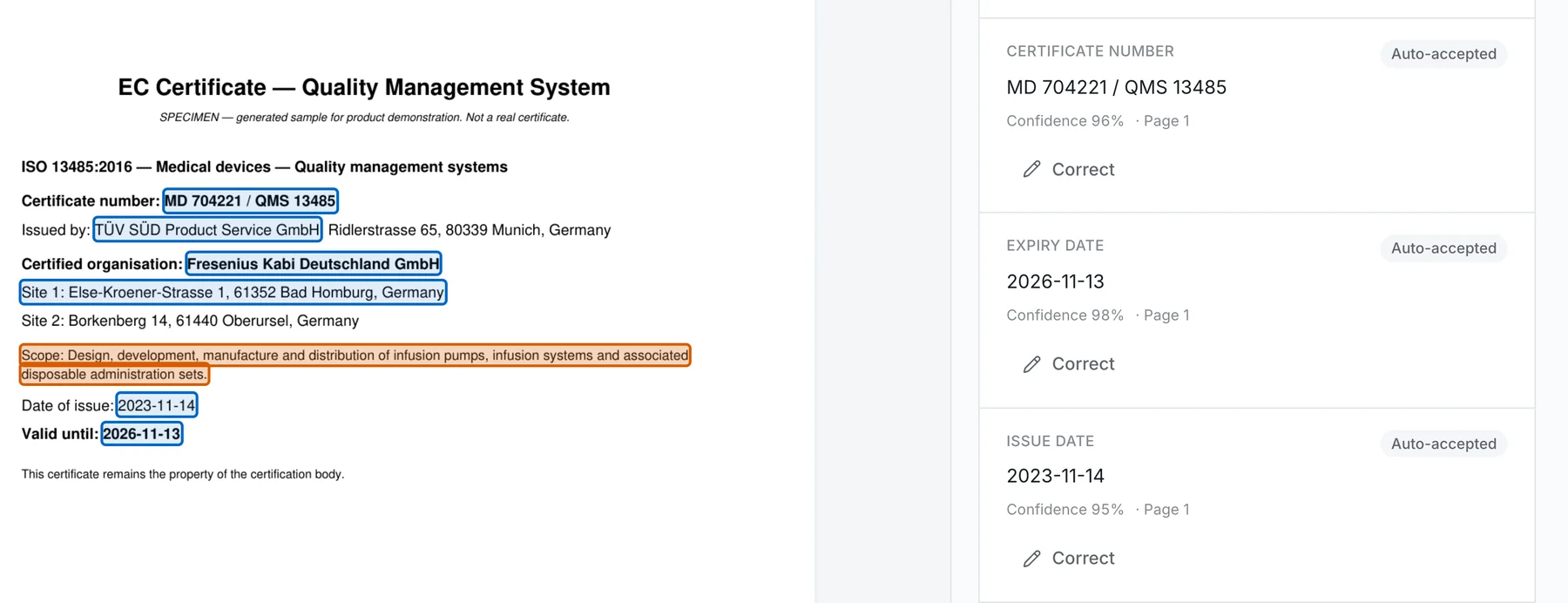 A certificate with every extracted value outlined, beside the list of extracted fields and their confidence.
