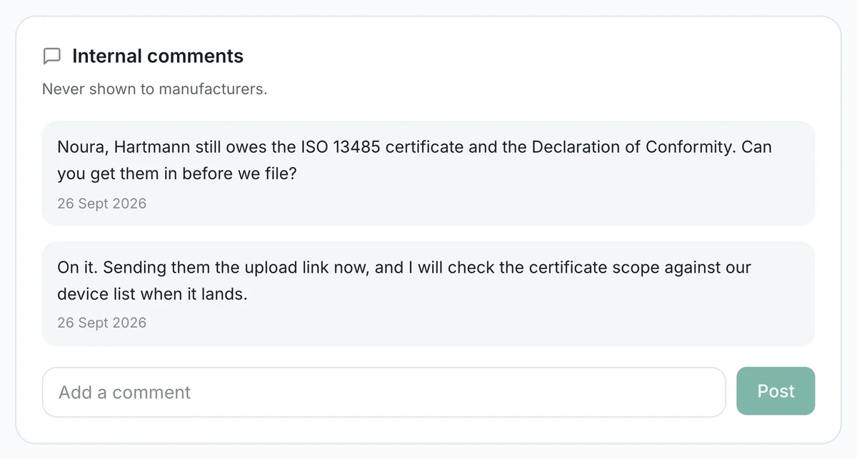 Internal comments between two colleagues on a renewal.