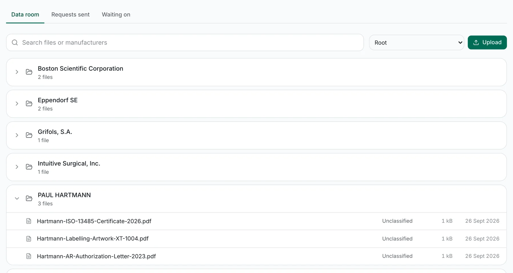 The data room: a folder per manufacturer, one expanded to show its certificates.