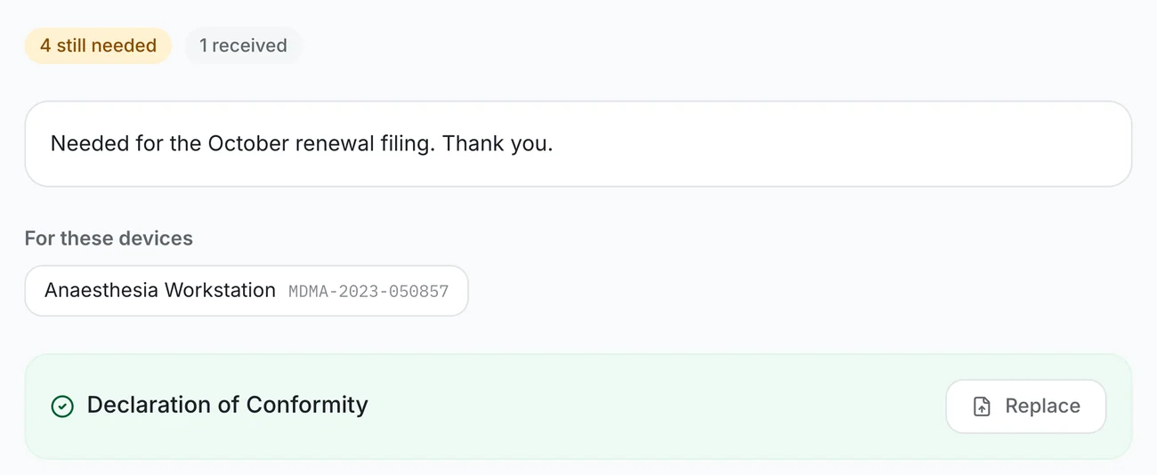 The manufacturer's upload page, with one document received.